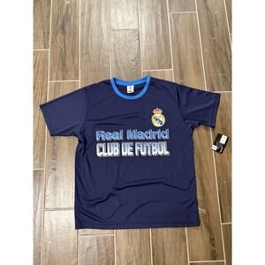 Real Madrid Blue Graphic Shirt Men's Medium Crewneck Logo Soccer Futbol